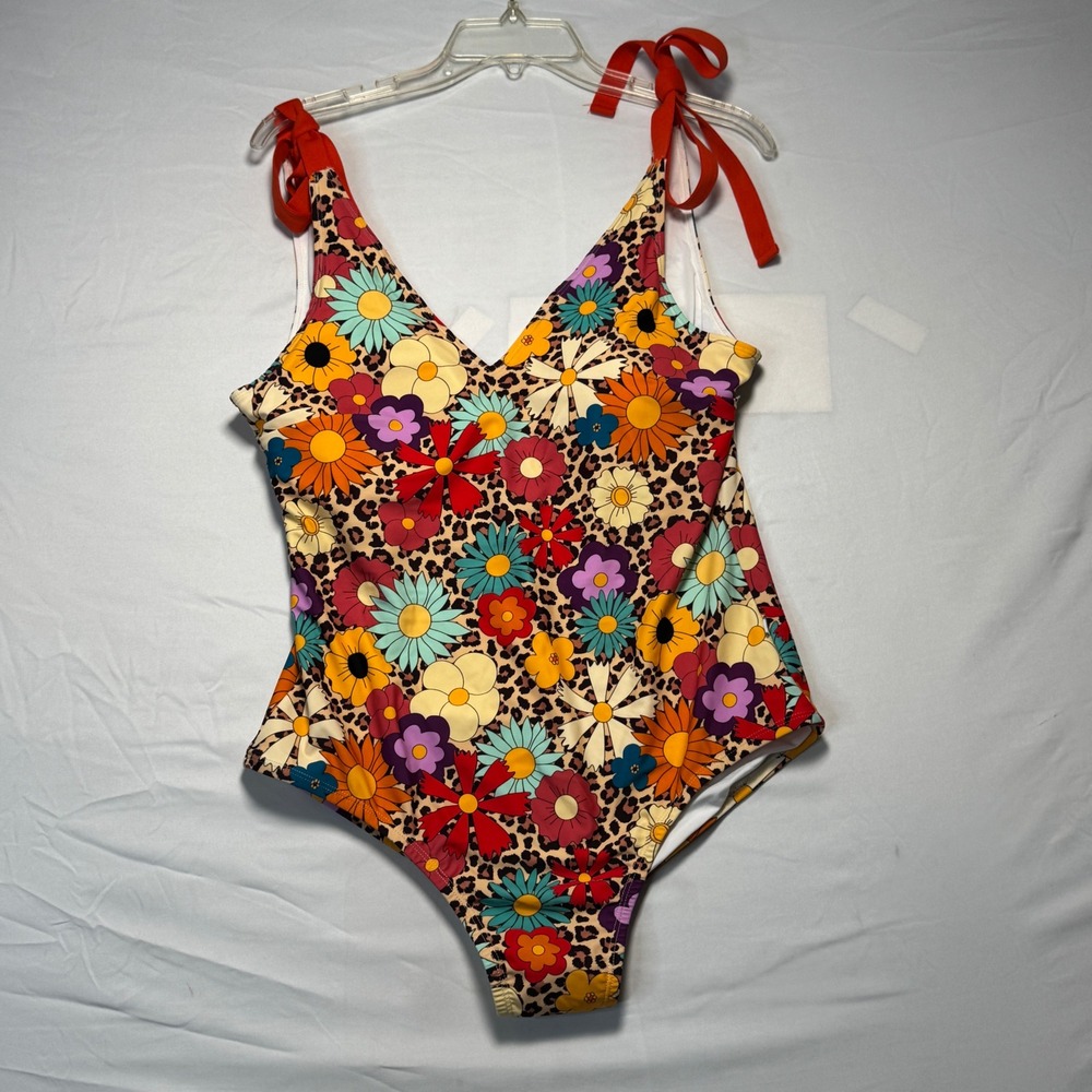 Posh Peanut Swimsuit One Piece Floral Leopard Retro Tie Shoulder Size XL